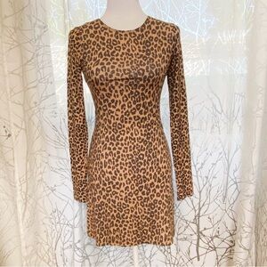 Reformation kenmare brown black leopard round neck long sleeve stretch dress